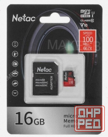 Карта памяти Netac P500 Pro Microsdhc 16gb сLass 10 Uhs-I 100mb/S + Adp (Nt02p500pro-016g-R), арт-68 Макеевка - изображение 1