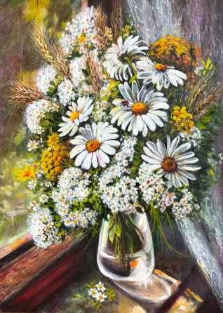 Купить картина маслом "Букет ромашек", 30*40 см, цветы, ромашки на солнце, натюрморт с цветами Донецк