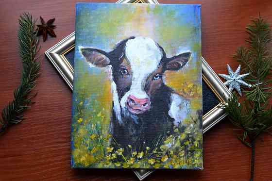 Купить картину на стену недорого "Бычок", размер 18*24 см, анималистика, для детей, милое животное Донецк