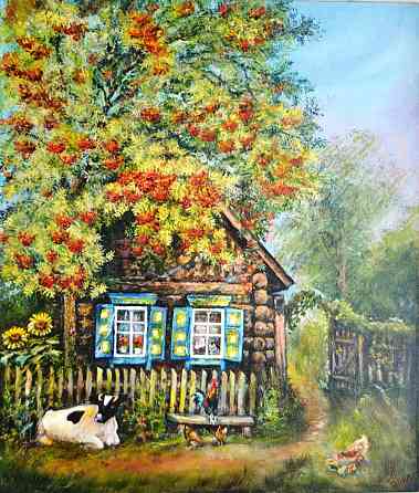 Купить картину маслом на холсте "Домик с рябиной" деревенский пейзаж, русская деревня, село, корова Донецк
