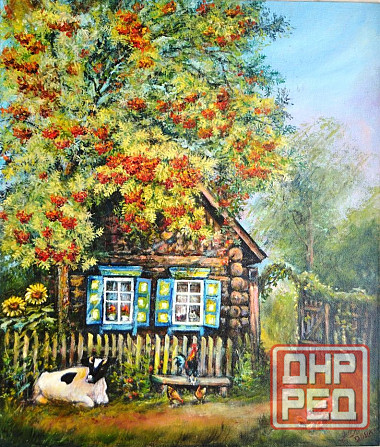 Купить картину маслом на холсте "Домик с рябиной" деревенский пейзаж, русская деревня, село, корова Донецк - изображение 1