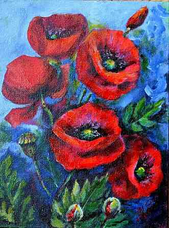 Купить картину "Красные маки" 18*24 см, поле, красивые красные цветы на синем фоне, лето, облака Донецк