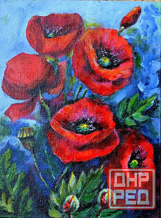 Купить картину "Красные маки" 18*24 см, поле, красивые красные цветы на синем фоне, лето, облака Донецк - изображение 1