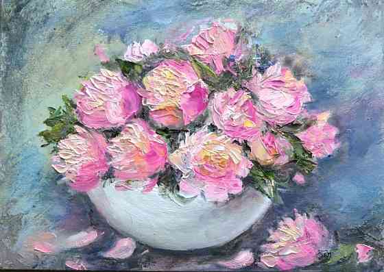 Купить картину маслом "Пионы в вазе" Размер 15*21 см, Распродажа картин от художника 250 р. Донецк