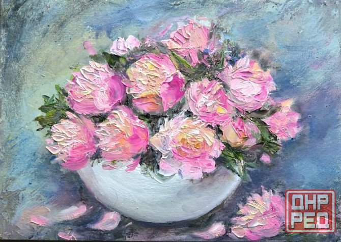 Купить картину маслом "Пионы в вазе" Размер 15*21 см, Распродажа картин от художника 250 р. Донецк - изображение 1