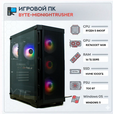 Игровой [арт-5484] компьютер Byte-Midnightrusher | Amd Ryzen 5 8400f (6 ядер/12 потоков) | 700w | Ss Донецк