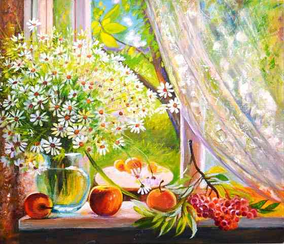 Картина маслом "Летнее утро" Ромашки на окне Купить картину маслом на холсте от художника Донецк