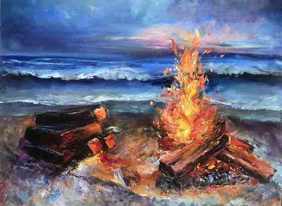 картина маслом на холсте "Костер" у воды, купить картину маслом импрессиони́зм, пейзаж, искры огня Донецк