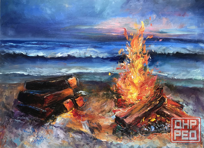 картина маслом на холсте "Костер" у воды, купить картину маслом импрессиони́зм, пейзаж, искры огня Донецк - изображение 1