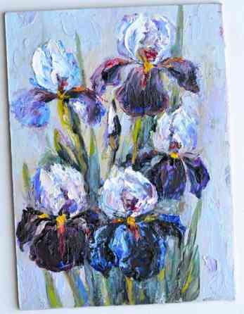 Картина маслом "Ирисы" весенняя распродажа картин от художника, цена 300 р.,размер 15*11 см Донецк