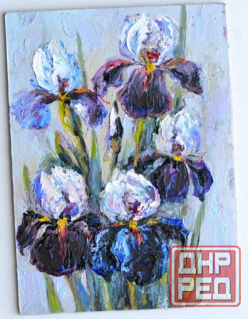 Картина маслом "Ирисы" весенняя распродажа картин от художника, цена 300 р.,размер 15*11 см Донецк - изображение 1
