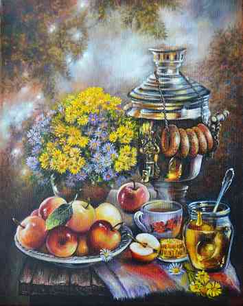 картина маслом на холсте "у самовара" русские традиции баранки мед цветы чаепитие русский стиль Донецк