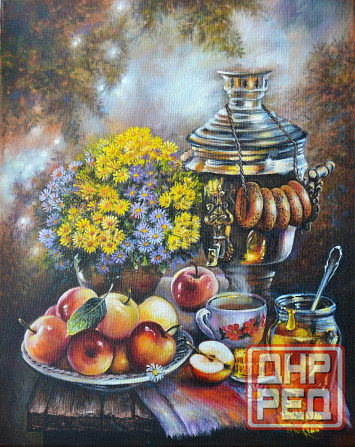 картина маслом на холсте "у самовара" русские традиции баранки мед цветы чаепитие русский стиль Донецк - изображение 1