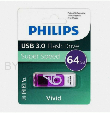 Флеш (арт:арт-9153) накопитель 64gb Philips Vivid3.0 64gb, Usb 3.0 фиолетовый (Fm64fd00b/97) Макеевка