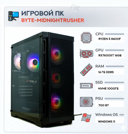 Игровой Компьютер Byte-midnightrusher | Amd Ryzen 5 8400f (6 Ядер/12 Потоков) | 700w | Ss - арт:8502 Макеевка