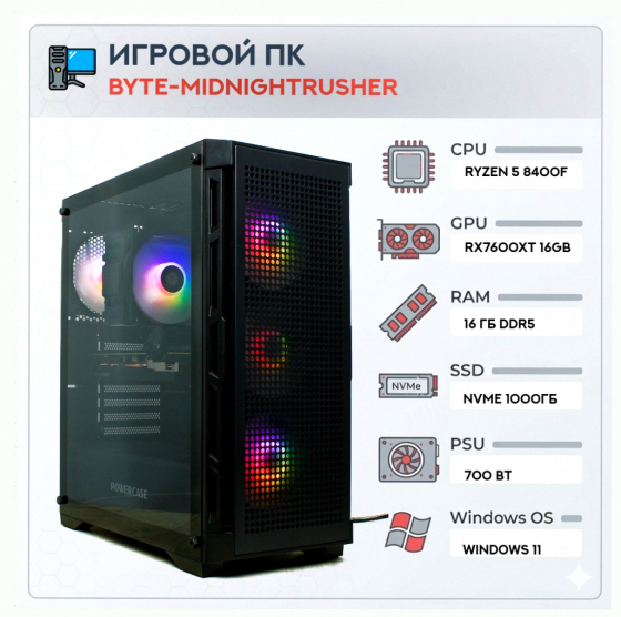 Игровой Компьютер Byte-midnightrusher | Amd Ryzen 5 8400f (6 Ядер/12 Потоков) | 700w | Ss - арт:8559 Донецк