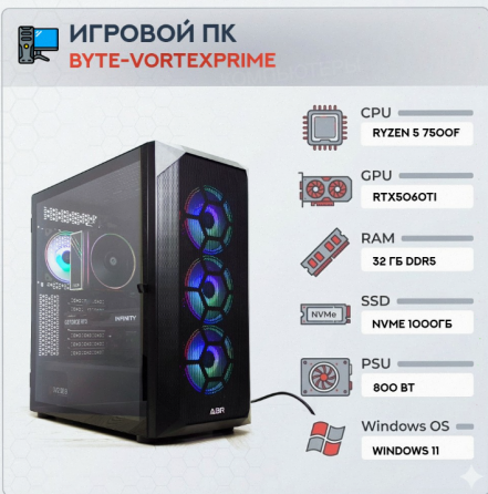 Игровой Компьютер Byte-vortexprime | Amd Ryzen 5 7500f (6 Ядер/12 Потоков) | 800 вт | Ssd - арт:8252 Макеевка