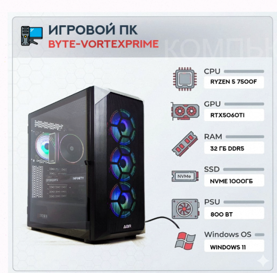 Игровой Компьютер Byte-vortexprime | Amd Ryzen 5 7500f (6 Ядер/12 Потоков) | 800 вт | Ssd - арт:1517 Донецк