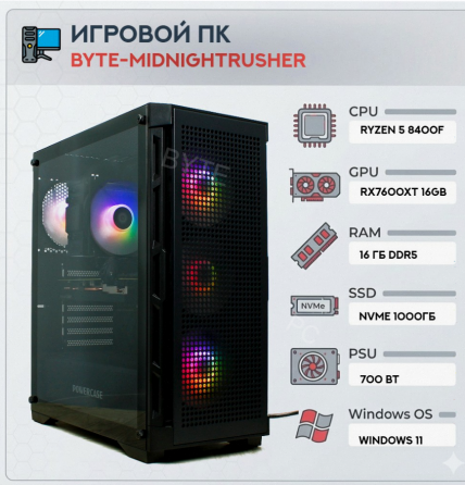 Игровой Компьютер Byte-midnightrusher | Amd Ryzen 5 8400f (6 Ядер/12 Потоков) | 700w | Ss - арт:9139 Донецк