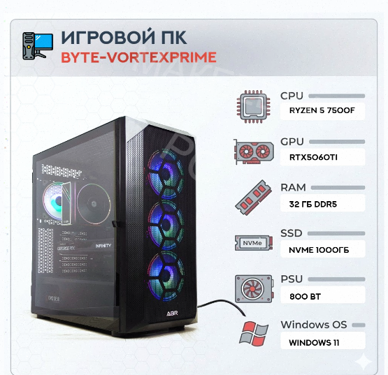 Игровой Компьютер Byte-vortexprime | Amd Ryzen 5 7500f (6 Ядер/12 Потоков) | 800 вт | Ssd - арт:7289 Донецк