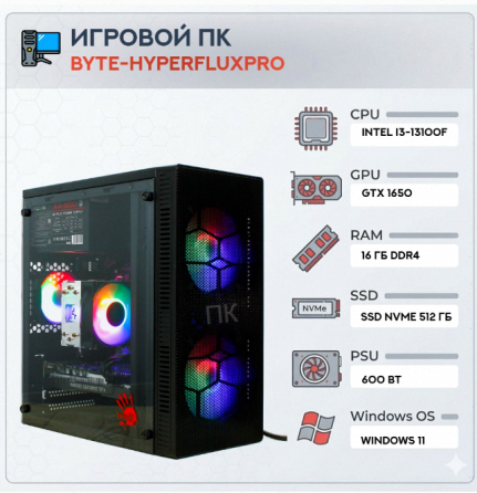 Игровой Компьютер Byte-hyperfluxpro| Intel Core i3-13100f (4 Ядра/8 Потоков) | 600w | Ssd - арт:4129 Донецк