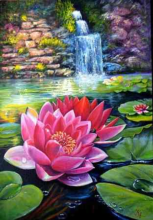 Картина "Розовый лотос" пейзаж с озером, красивые цветы, капли воды, картина в интерьер Донецк