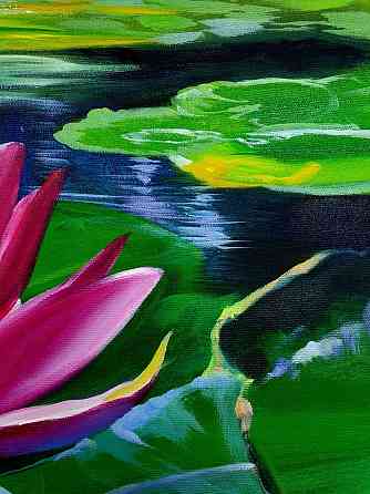 Картина "Розовый лотос" пейзаж с озером, красивые цветы, капли воды, картина в интерьер Донецк