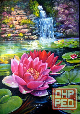 Картина "Розовый лотос" пейзаж с озером, красивые цветы, капли воды, картина в интерьер Донецк - изображение 1
