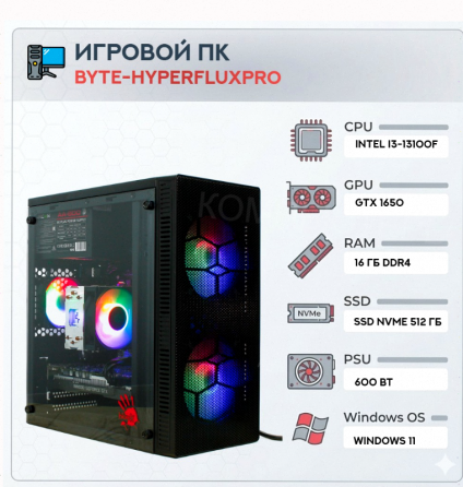 Игровой Компьютер Byte-hyperfluxpro| Intel Core i3-13100f (4 Ядра/8 Потоков) | 600w | Ssd - арт:4340 Макеевка