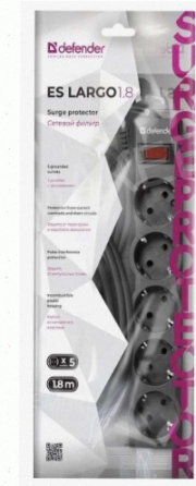 Сетевой Фильтр Defender es Largo 1.8 1.8 м, 5 Розеток, Черный (99497) - арт:5235 Макеевка