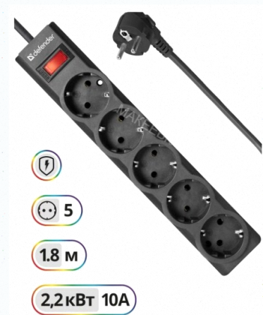 Сетевой Фильтр Defender es Largo 1.8 1.8 м, 5 Розеток, Черный (99497) - арт:5235 Макеевка