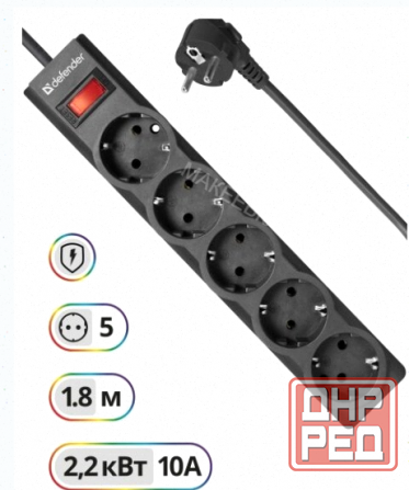 Сетевой Фильтр Defender es Largo 1.8 1.8 м, 5 Розеток, Черный (99497) - арт:5235 Макеевка - изображение 1