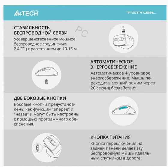 Мышь a4tech Fstyler fg35s Серый/черный, Оптическая, Разрешение Сенсора 2000dpi, Беспровод - арт:4013 Макеевка