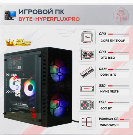 Игровой Компьютер Byte-hyperfluxpro| Intel Core i3-13100f (4 Ядра/8 Потоков) | 600w | Ssd - арт:7494 Макеевка
