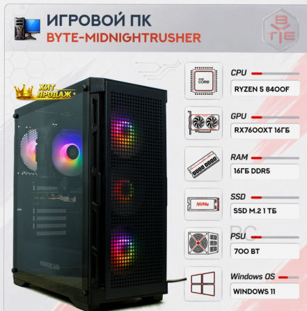 Игровой Компьютер Byte-midnightrusher | Amd Ryzen 5 8400f (6 Ядер/12 Потоков) | 700w | Ss - арт:1436 Макеевка