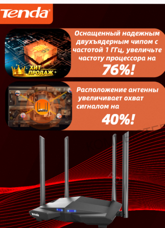 Wi-fi Роутер Tenda ac10, Гигабитный, Интернет до 1000 Мбит/с, Двухдиапазонный, Режим Роут - арт:7426 Макеевка