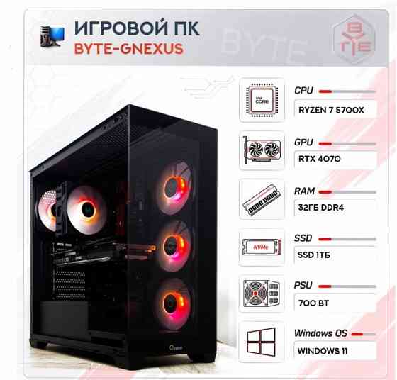 Игровой Компьютер Byte-gnexus | Amd Ryzen 7 5700x | 700w | Ssd 1тб | 32гб Ddr4 | Msi Gefo - арт:6996 Макеевка