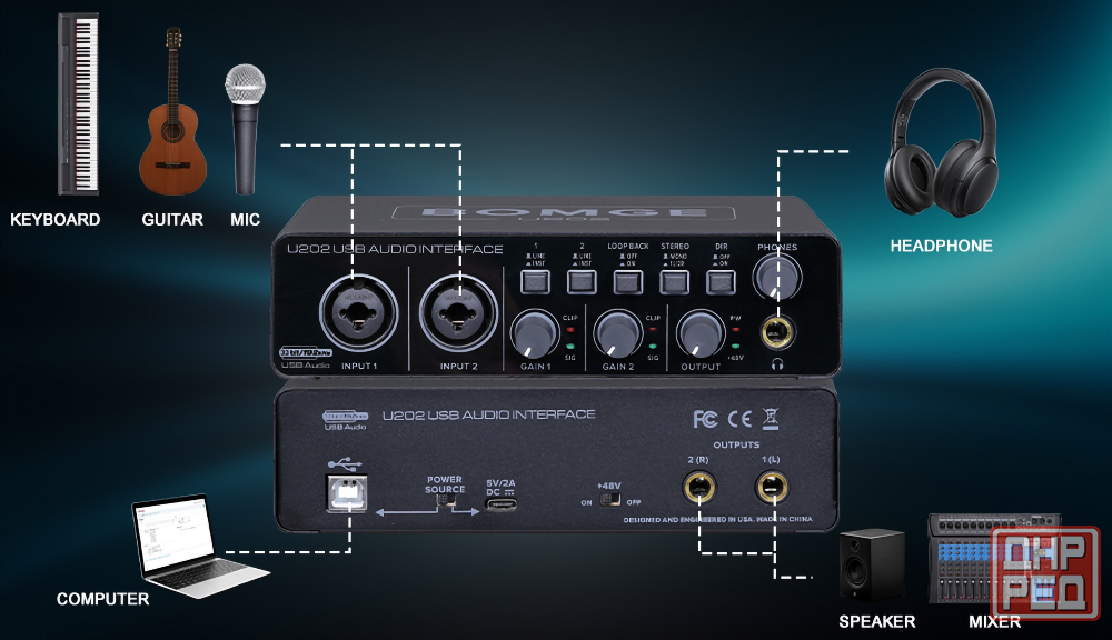 Звуковая карта BOMGE U202, USB, студийная, аудиоинтерфейс, внешняя Донецк - изображение 6