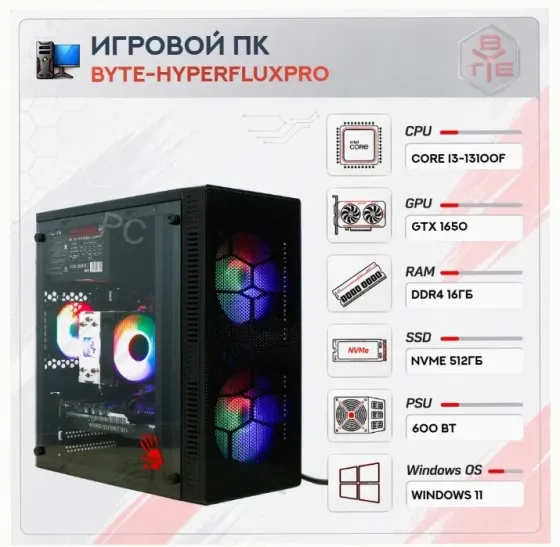 Игровой Компьютер Byte-hyperfluxpro| Intel Core i3-13100f (4 Ядра/8 Потоков) | 600w | Ssd - арт:7881 Макеевка
