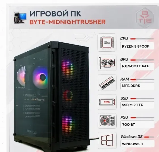 Игровой Компьютер Byte-midnightrusher | Amd Ryzen 5 8400f (6 Ядер/12 Потоков) | 700w | Ss - арт:9335 Макеевка