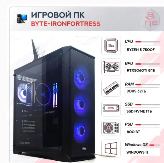 Игровой Компьютер Byte-ironfortress | Amd Ryzen 5 7500f (6ядер/12потоков) | 800 вт | Nvme - арт:5309 Макеевка