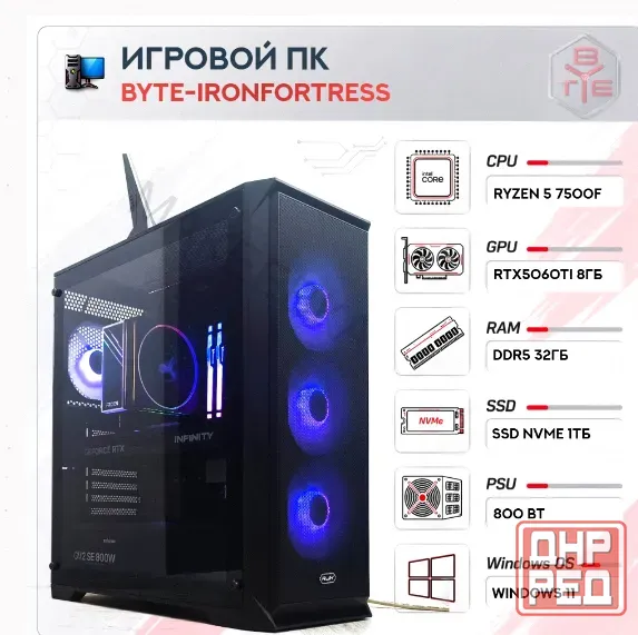 Игровой Компьютер Byte-ironfortress | Amd Ryzen 5 7500f (6ядер/12потоков) | 800 вт | Nvme - арт:5309 Макеевка - изображение 1