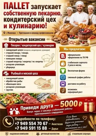 Сотрудники пекарни, кондитерского цеха, кулинарии Макеевка