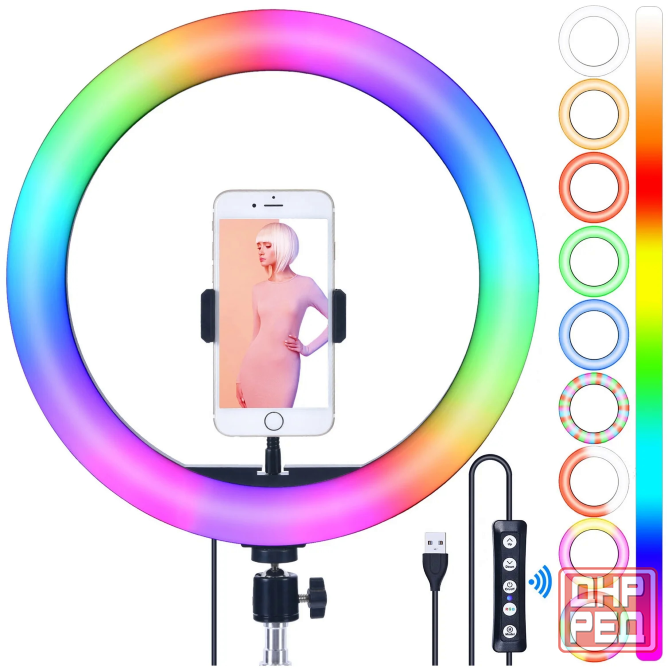 Кольцевая лампа RGB, 26 см. + Штатив-тренога и держатель для телефона Донецк - изображение 4