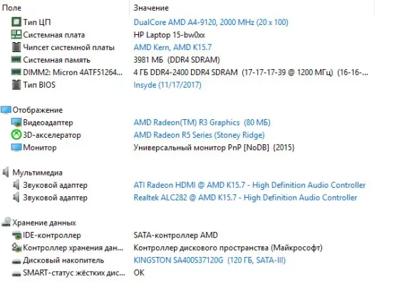 Ноутбук HP 15-bw013ur 15,6" (А4-9120/4gb озу/120gb ssd) Донецк