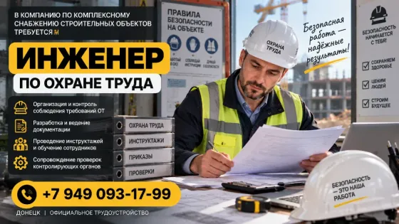 Требуется инженер по охране труда Донецк