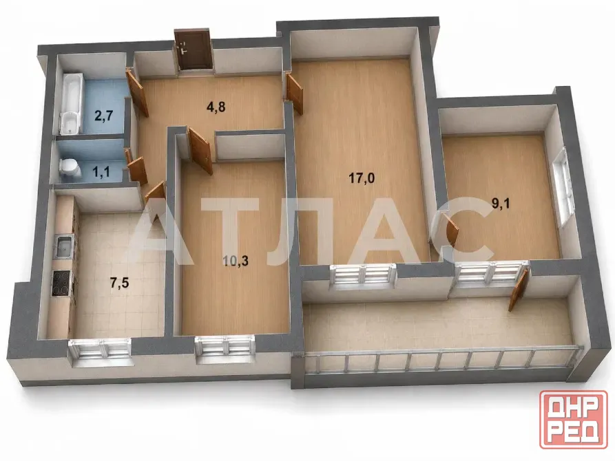 3-к квартира, 9/9 этаж, 56,3м², арт. 136004890 Мариуполь - изображение 1