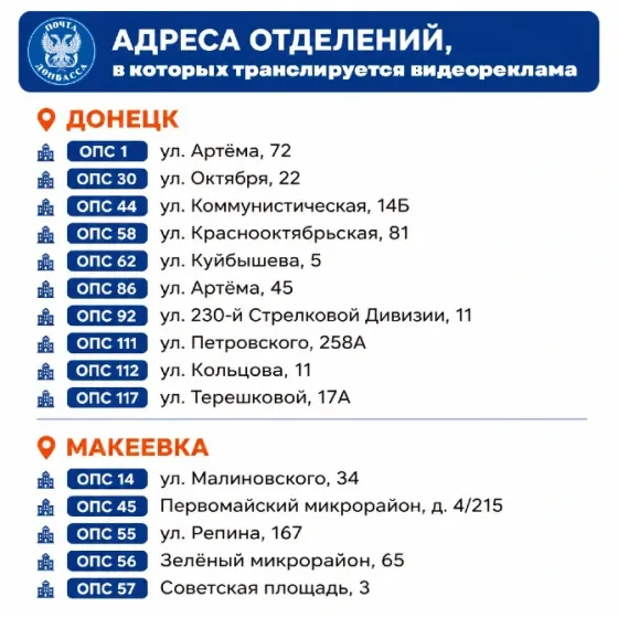 Реклама в отделениях почтовой связи Донецк