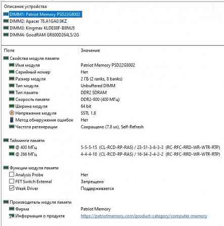 DDR2 2Gb 800MHz (PC2-6400) CL5 Patriot PSD22G8002 Apacer Kingmax Goodram - оперативная память для ПК Донецк