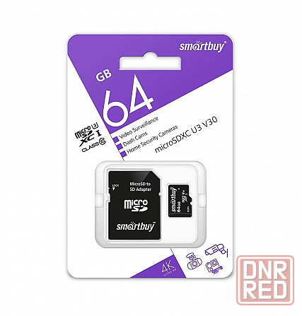 micro SDXC карта памяти Smartbuy 064GB cl10 U3 V30 для видеонаблюдения (с адаптером SD) Макеевка - изображение 1